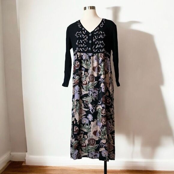 Carole Little Floral Black Crinkle Button Down Midi Dress 12 Large - Picture 1 of 8